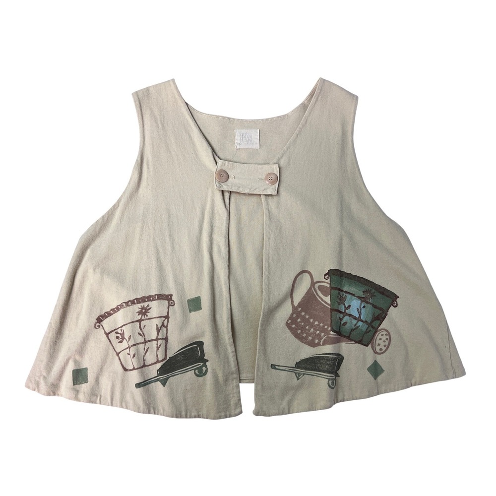 Blue Fish Garden Print Vest Women One Size Yellow Excellent Cotton Hand Printed